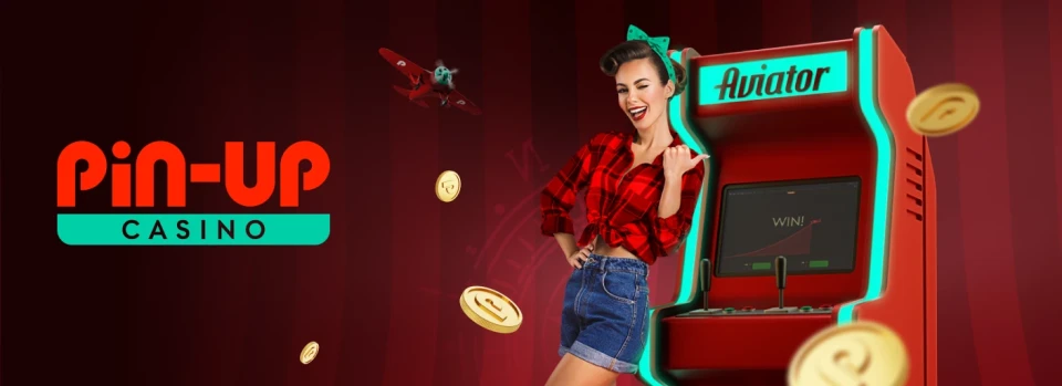 логотип Pin-Up Авиатор на красном фоне с девушкой и игровым автоматом